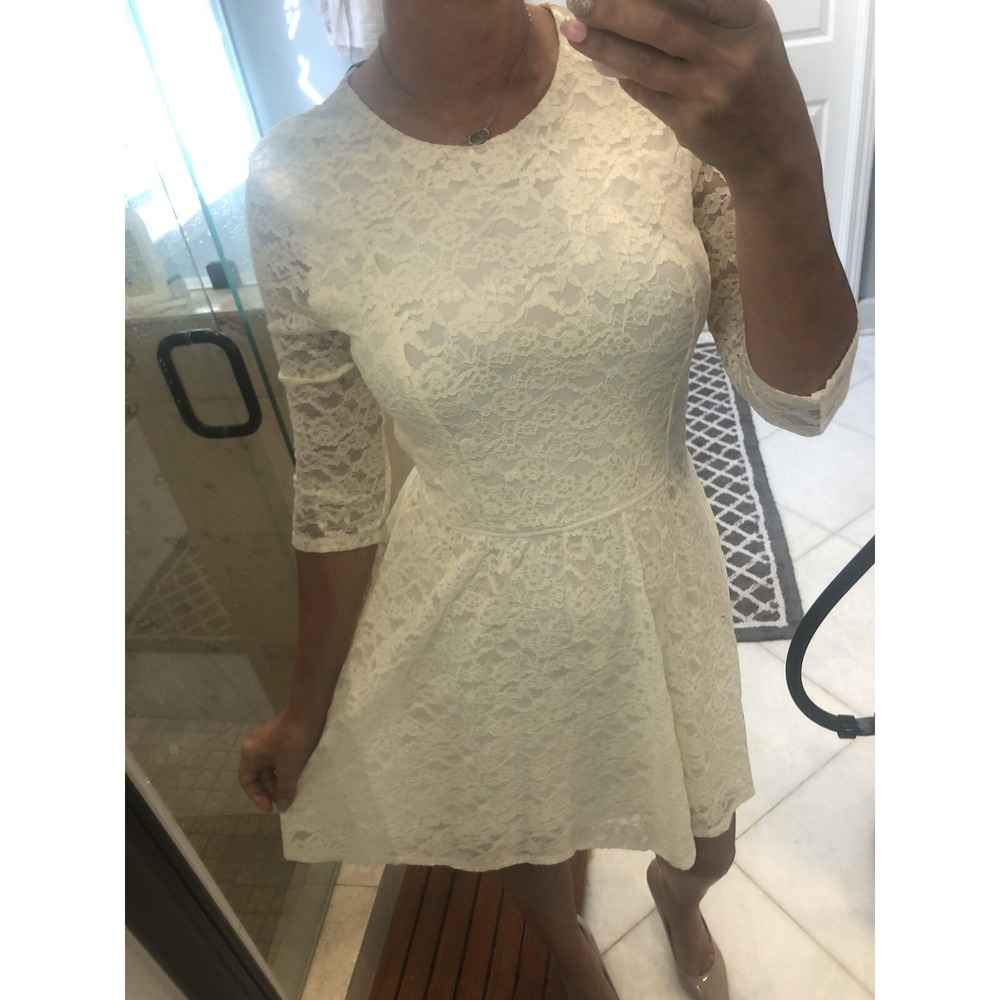Victorias Secret Ivory Lace Skater Mini Dress Open Back Floral Stretch Small
